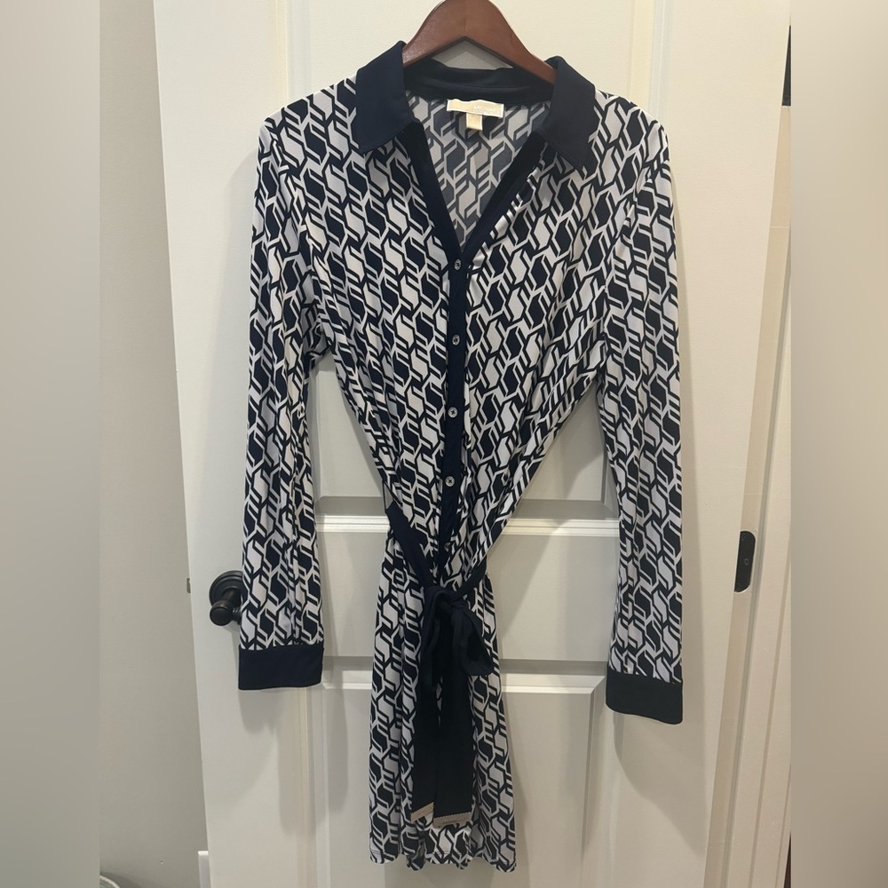 MICHAEL by Michael Kors Women’s Navy Blue and White Patterned Dress with Belt